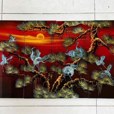 Bộ Tranh sơn mài 4 tấm -TÙNG HẠC DIÊN NIÊN - khảm cừ size 50x80 cm - Ý Nghĩa Phong Thủy