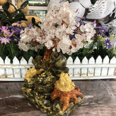 Cây Tài Lộc với tiểu cảnh bát tụ bảo và cóc thiềm thừ ngậm tiền phong thủy tài lộc đá thạch anh trắng - Cao 30 cm