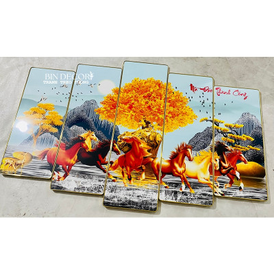 (ẢNH THẬT) Tranh treo tường phòng khách mã đáo thành công 3 bộ 5 tấm bo viền sang trọng