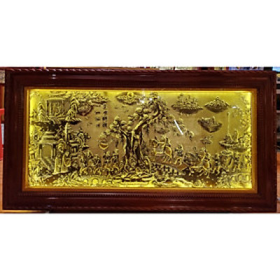 Tranh đồng vàng liền tấm  khung gỗ tự nhiên gắn đèn led- Vinh Quy Bái Tổ 