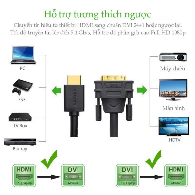 Ugreen UG50349HD133TK 3M màu Đen Cáp chuyển đổi HDMI sang DVI 24 + 1 thuần đồng - HÀNG CHÍNH HÃNG
