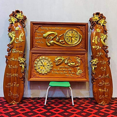 Cặp câu đối cha mẹ + tranh đồng hồ treo tường  chũ đức hay bất kỳ chữ gì ,bằng gỗ hương đỏ 