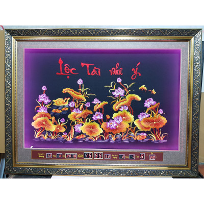 Tranh thêu sen vàng gắn đèn led + lịch vạn niên -2079