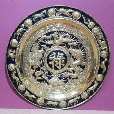 Mâm đồng vàng liền tấm chạm nổi tứ linh chữ LỘC-A123