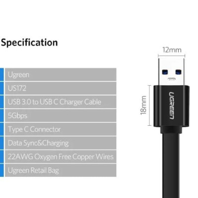 Ugreen UG10697US172TK 1M màu Đen Cáp USB TypeC sang USB 3.0 cáp dẹt - HÀNG CHÍNH HÃNG