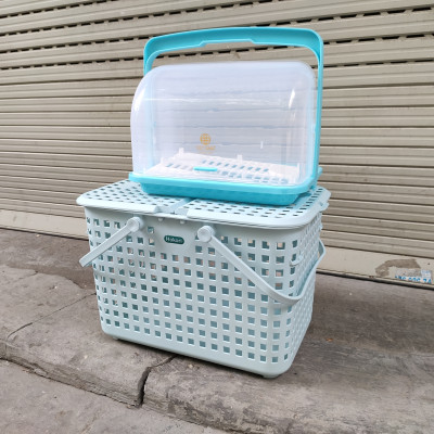 Combo khay kệ úp bình sữa và Giỏ làn đựng đồ đi sinh cho mẹ và bé bằng nhựa cao cấp quai giữa có nắp đậy Hàn Quốc