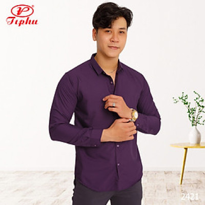 Áo sơ mi nam màu tím nho, phong cách Hàn Quốc, form body slim fit, không túi, vải Bamboo, Amazing