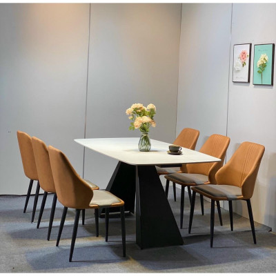 Bộ bàn ăn chân A 1m6 + 6 ghế Sheraton Sọc mặt đá ceramic  Thương hiệu Nội Thất Bình Long 