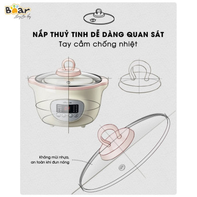Nồi Nấu Chậm 1,6L Bear SUBE002 Đa Năng Nấu Cháo, Chưng Yến Bản Quốc Tế - Hàng Chính Hãng