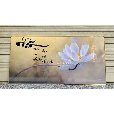 (ẢNH THẬT) Tranh treo tường tráng gương chữ nhẫn và hoa sen trắng kèm đinh treo