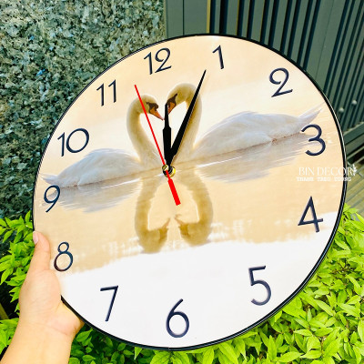 (CÓ ẢNH THẬT) Tranh đồng hồ tròn tráng gương đôi thiên nga kèm pin và đinh