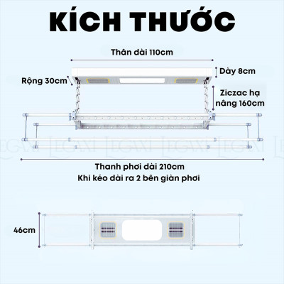 Sào Phơi Đồ Tự Động, Giá Treo Quần Áo Có Quạt Sấy Khô Đèn LED Khử Trùng Tia Cực Tím Remote Gắn Trần Legaxi