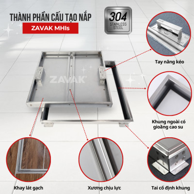 Nắp Bể Ngầm Trong Nhà 45x45cm Inox 304 ZAVAK MHIs-45 Nắp bể nước âm sàn, Nắp hố ga Inox 304