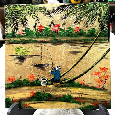 Tranh sơn mài đồng quê vẽ vàng, hàng xuất khẩu 30x30 cm