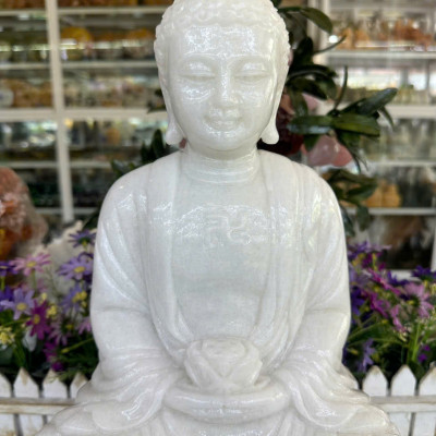 Tượng Phật Adida, phật tổ như lai ngồi đài sen đá cẩm thạch trắng - Cao 40cm