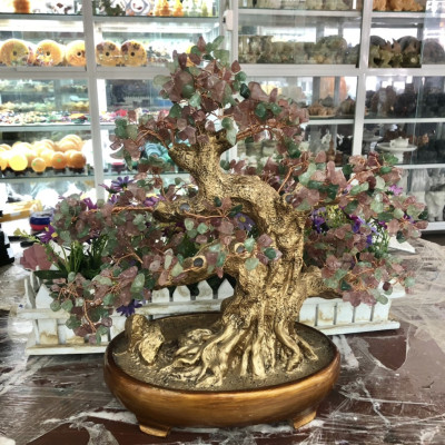 Cây tài lộc bonsai phong thủy đá thạch anh dâu tây đỏ và xanh - Cao 40 cm