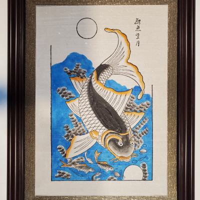 Tranh dân gian đông hồ " lý ngư vọng nguyệt " Cặp cá chép