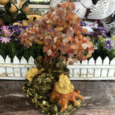  Cây Tài Lộc với tiểu cảnh bát tụ bảo và cóc thiềm thừ ngậm tiền phong thủy tài lộc đá mã não - Cao 30 cm