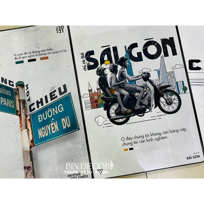 (ẢNH THẬT) Tranh treo tường sài gòn trong tôi bộ 3 tấm trang trí decor quán kèm đinh