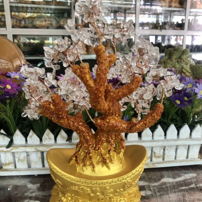 Cây Tài Lộc phong thủy đá thạch anh trắng với đế hình thỏi vàng để bàn làm việc, bàn thờ thần tài - Cao 30 cm