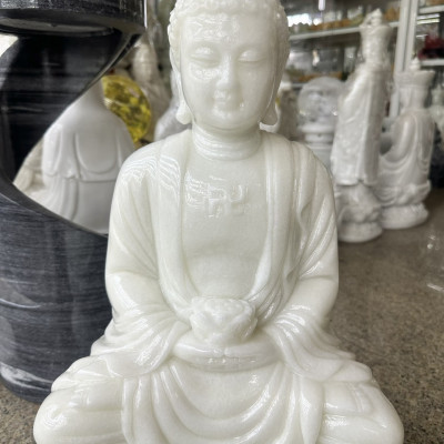 Tượng Phật Adida, phật tổ như lai ngồi đài sen đá cẩm thạch trắng - Cao 50cm