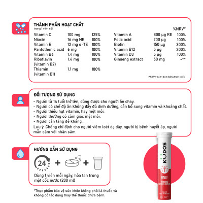 Combo Thực phẩm bảo vệ sức khỏe KUDOS DAILY VITAMINS PLUS BIOTIN & GINSENG + KUDOS VITAMIN C 1000MG (20 viên/tuýp)