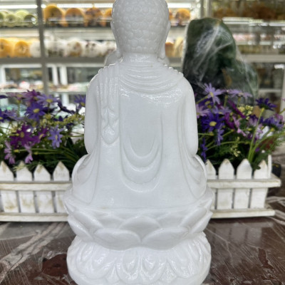 Tượng Phật Thích Ca ngồi đài sen đá cẩm thạch trắng - Cao 30 cm