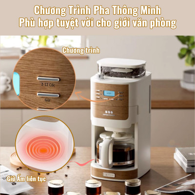 Máy Pha Cà Phê CF06 Tự Động Vừa Xay, Vừa Pha 2 Trong 1, Từ 2-12 Cốc/Lần, Hẹn Giờ Pha Thông Minh, Cối Xay Cafe Lưỡi Nón Độ Đồng Nhất Cao, Hàng Chính Hãng