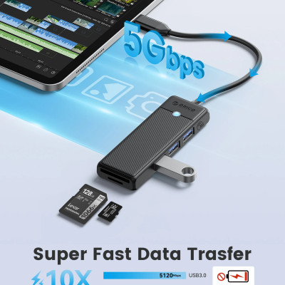 Bộ Chuyển Đổi HUB TypeC 1 USB ra 4 cổng USB 3.0 5Gps/ TF/SD 3.0*1 5Gbps PAPW3AT-C3-015 Orico - Hàng Chính Hãng