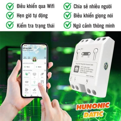 Công Tắc Wifi Hunonic Datic Basic 1 Kênh Bật Tắt Từ Xa Trên Điện Thoại, Ra Lệnh Giọng Nói Tiếng Việt