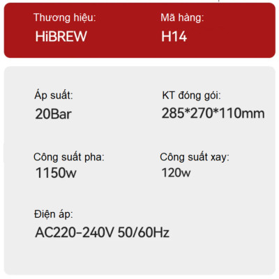 Máy pha cà phê bán tự động 3 trong 1 tích hợp xay cà phê 15 chế độ thương hiệu Mỹ cao cấp HiBREW H14 - Hàng Nhập Khẩu