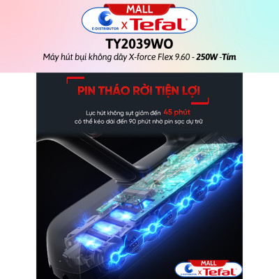 Máy hút bụi không dây X-force Flex 9.60 TY2039WO - Tím - Hàng Chính Hãng - - Công suất: 250W  - Đầu hút: 100AW  - Thời lượng pin: 45 phút