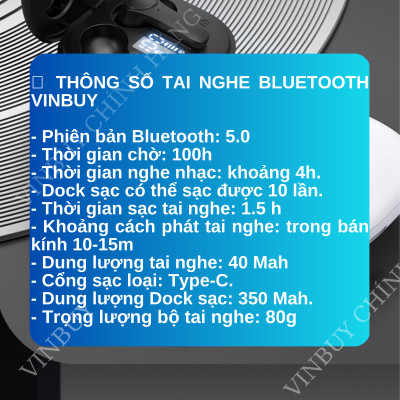 Tai Nghe Bluetooth Không Dây Nhét Tai Chống Ồn Cao Cấp V5.0 Chính Hãng Dùng Cho Iphone Samsung OPPO VIVO HUAWEI XIAOMI, Tai Nghe Không Dây - Hàng Chính Hãng VINBUY