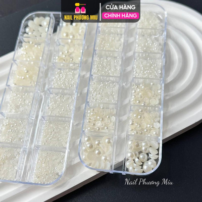 Khay Ngọc Tròn Hạt Trai Nửa Mix Trắng Ngà Làm Nail, Khay Nhựa 12 Ô Chia Nhiều Size Trang Trí Móng Tay Chân Làm Móng Chuyên Nghiệp Nữ Women