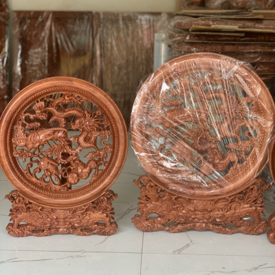 Đĩa tranh trí phong thủy trạm khắc long ly quy phượng bằng gỗ hương đá kt mặt rộng  35×4cm