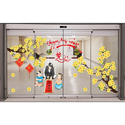 Decal trang trí têt Happy new year - có sẵn keo - decal dán kính trang trí tết PK626(150x200cm)