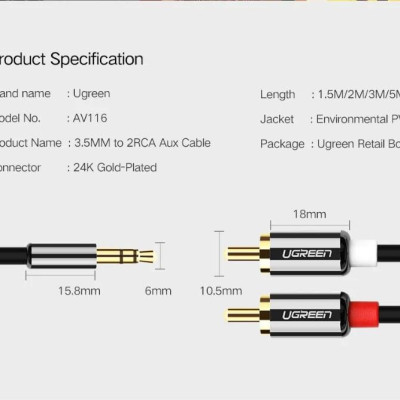Ugreen UG20779AV116TK 0.5M màu Đen Cáp âm thanh 2 đầu Bông sen sang 3.5mm Dương mạ vàng - HÀNG CHÍNH HÃNG