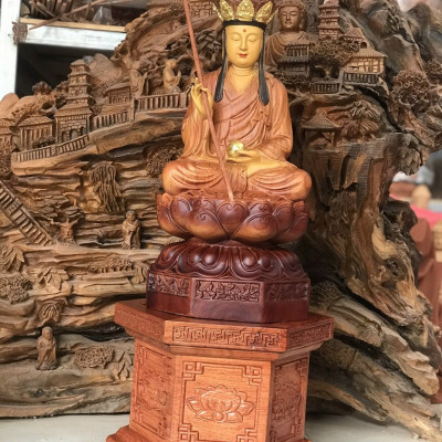 Tượng phật địa tạng vương bồ tát dáng ngồi tô mầu giả cổ kt 30×15×15cm