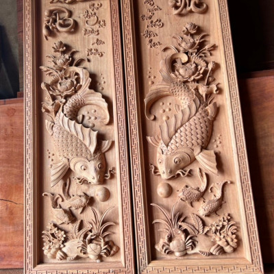 Cặp tranh điêu khắc lý ngư vọng nguyệt bằng gỗ hương đá kt42×127×5cm 