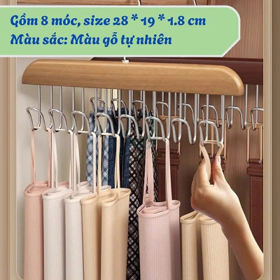 Móc treo đồ đa năng, móc gỗ 8 móc treo đồ lót, khăn, thắt lưng, cà vạt, áo 2 dây xoay 360 độ tiện dụng