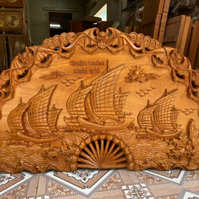 Tranh treo tường cánh quạt trạm khắc thuận buồm xuôi gió bằng gỗ gõ đỏ kt 67×120×4cm