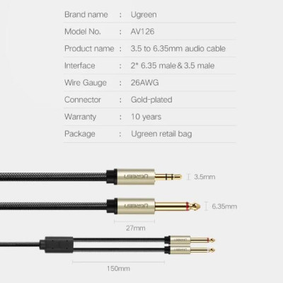 Ugreen UG40790AV126TK 1M Màu Đen Cáp âm thanh 2 đầu 6.5mm dương sang 3.5mm dương cao cấp - HÀNG CHÍNH HÃNG