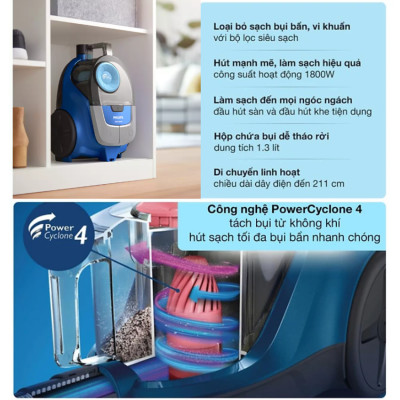 HÀNG CHÍNH HÃNG - Máy hút bụi không túi Serial 2000, thương hiệu Hà Lan cao cấp Philips - XB2022/81. Bảo hành 2 năm, công suất 1500W