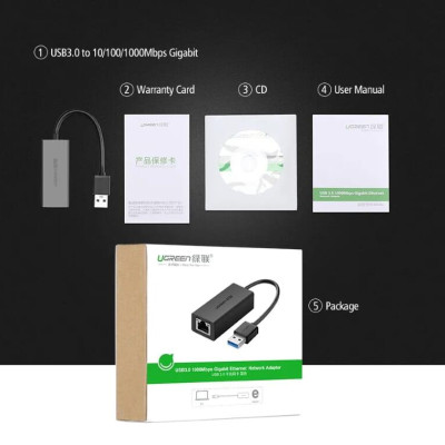 Ugreen UG20256CR111TK 15CM màu Đen Cáp chuyển đổi USB 3.0 sang cổng LAN RJ45 tốc độ 1000Mbps vỏ nhựa - HÀNG CHÍNH HÃNG