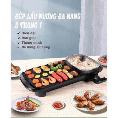 Bếp lẩu nướng 2in1 đa năng cao cấp dài, nồi lẩu kiêm nướng công suất 1300w, bề mặt tráng men chống dính - Hàng chính hãng