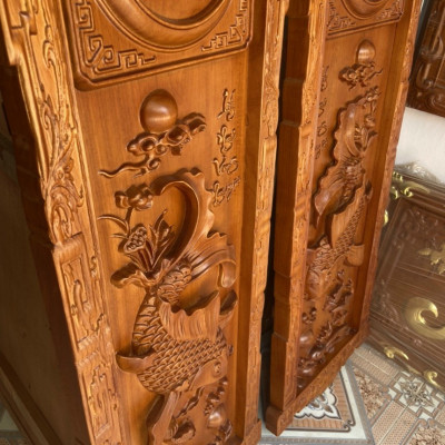 Tranh treo tường lý ngư vọng nguyệt bằng gỗ gõ đỏ kt 37×117×4cm