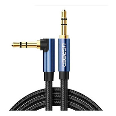 Ugreen UG60180AV112TK 1.5M màu đen cáp bẻ góc 90 độ 3.5mm mạ vàng 24K đầu màu xanh bọc kim loại chống nhiễu - HÀNG CHÍNH HÃNG