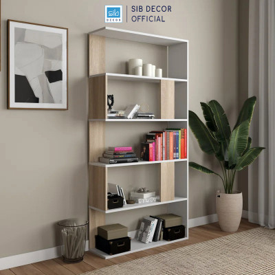 Kệ Gỗ Để Sách Phá Cách Hiện Đại Màu Trắng Phối Vân Gỗ Sồi SIB Decor KSG52