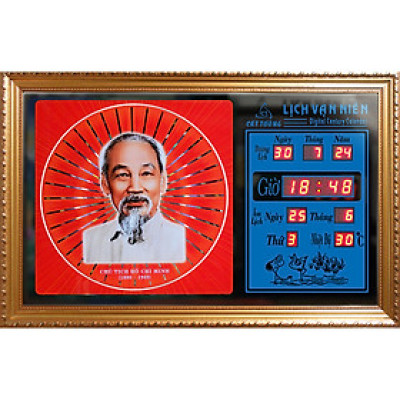 Đồng hồ Lịch Vạn Niên tranh đèn treo tường hiệu Cát Tường_tranh Bác Hồ 55618_KT 55x35cm_Có 2 loại (Không có remote đèn và có remote đèn)