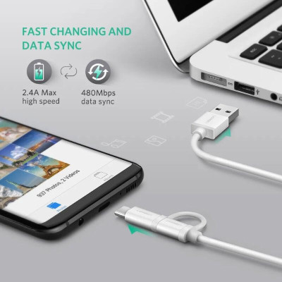 Ugreen UG20873US177TK 1.5M màu Bạc Cáp USB-A sang Micro USB + USB-C cao cấp - HÀNG CHÍNH HÃNG